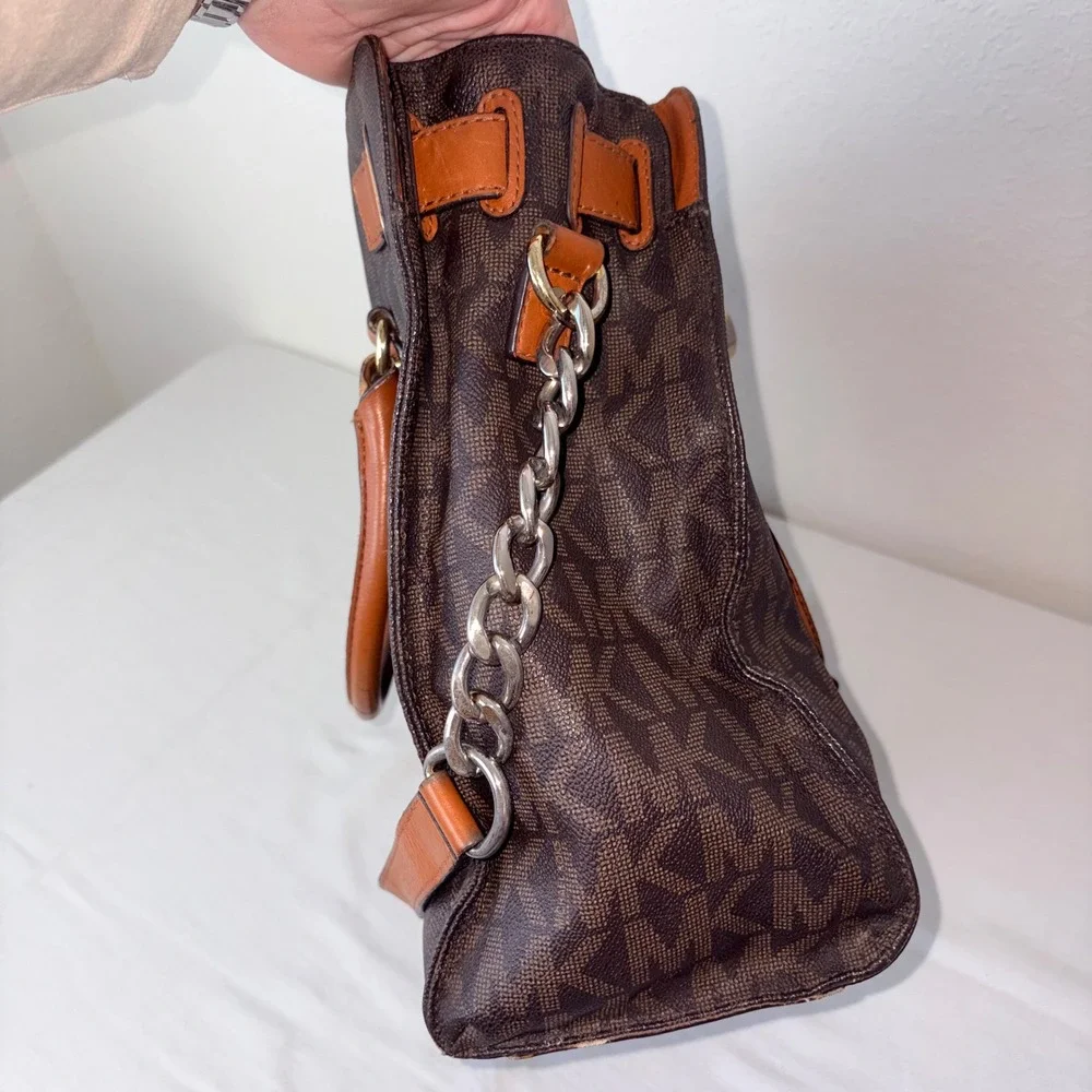 Michael Kors hamilton signiture Monogram Satchel Bag Brown Leather Chain Strap